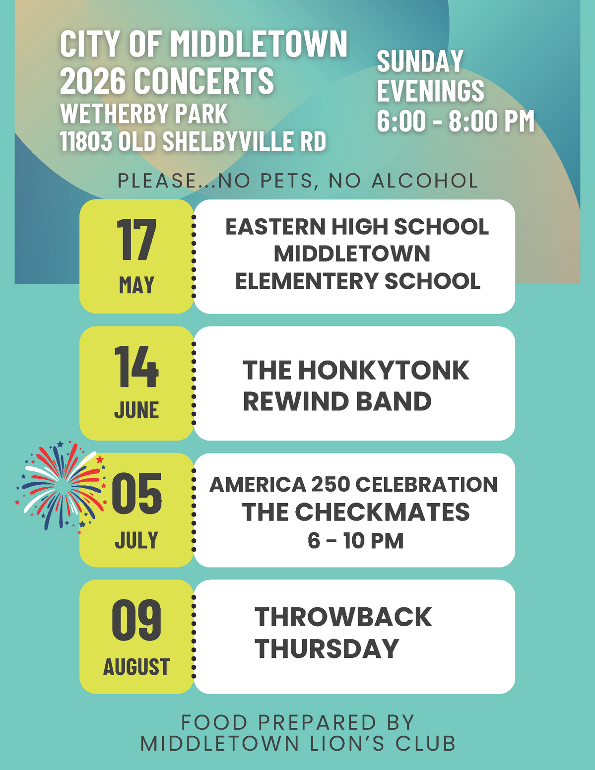 City of Middletown 2026 Sunday evening concerts at Wetherby Park, 11803 Old Shelbyville Rd, May 17, June 14, July 5, and August 9.